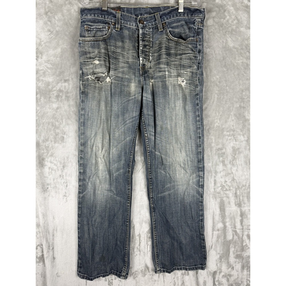 GAP 1969 Straight Fit Jeans Distressed Button Up  Blue Denim Mens Size‎ 34x32